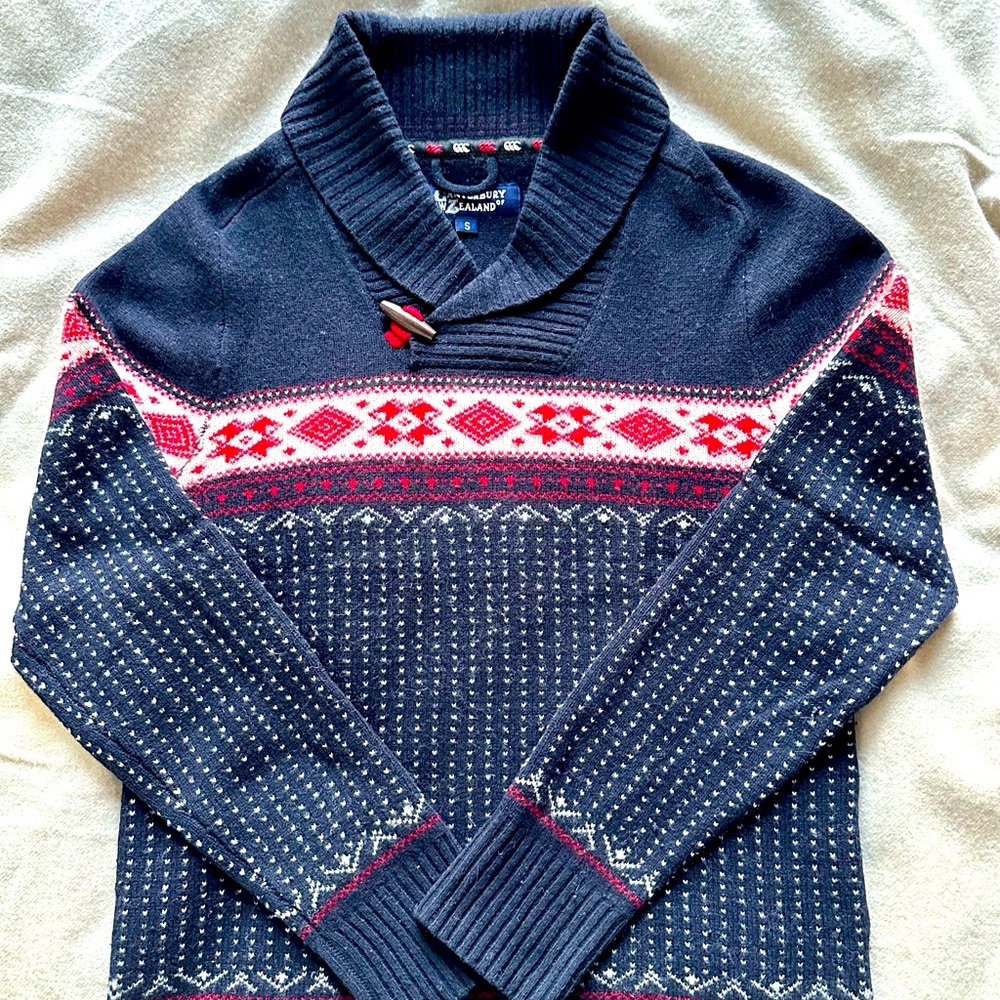 Canterbury of New Zealand wool shawl-collar alpine sweater, size S
